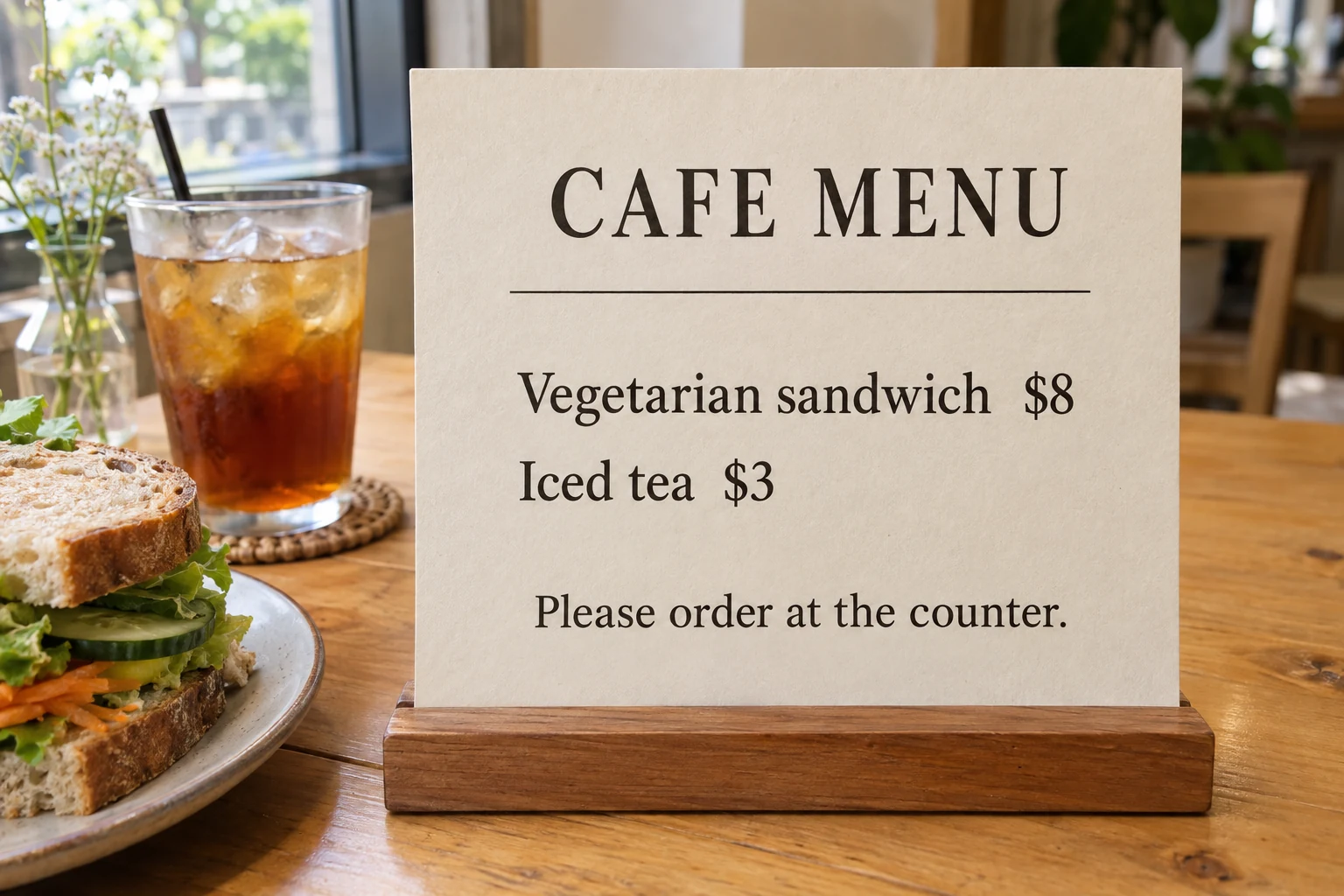 英文示範菜單：CAFE MENU；Vegetarian sandwich $8；Iced tea $3；Please order at the counter.