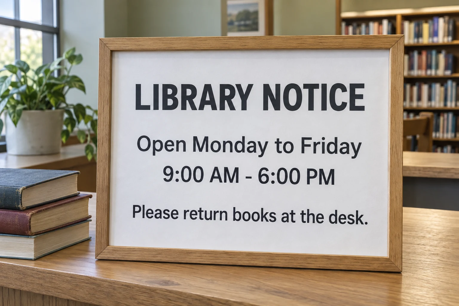 英文示範公告：LIBRARY NOTICE；Open Monday to Friday；9:00 AM - 6:00 PM；Please return books at the desk.